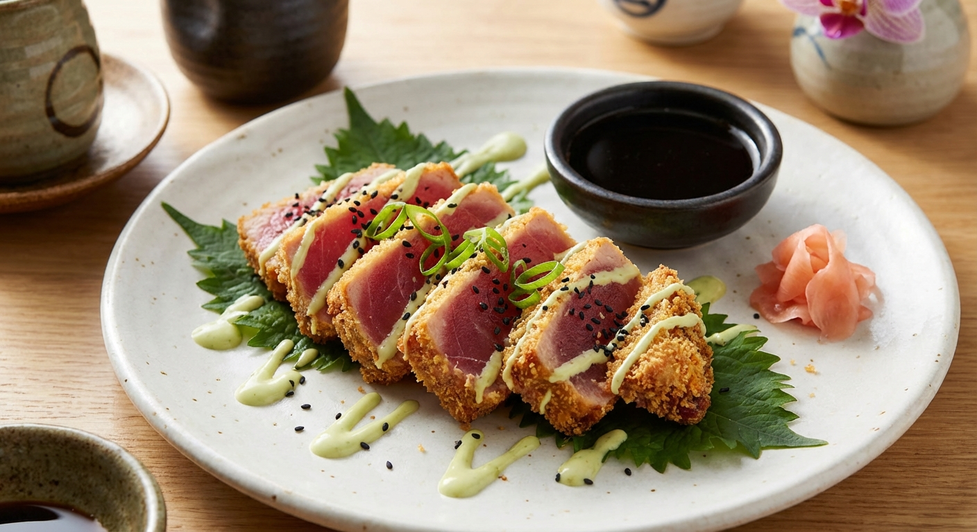 Flat lay of ahi katsu ingredients: fresh sushi-grade ahi tuna, panko breadcrumbs, flour, beaten eggs, sesame seeds, soy sauce, wasabi, and pickled ginger arranged on a clean surface