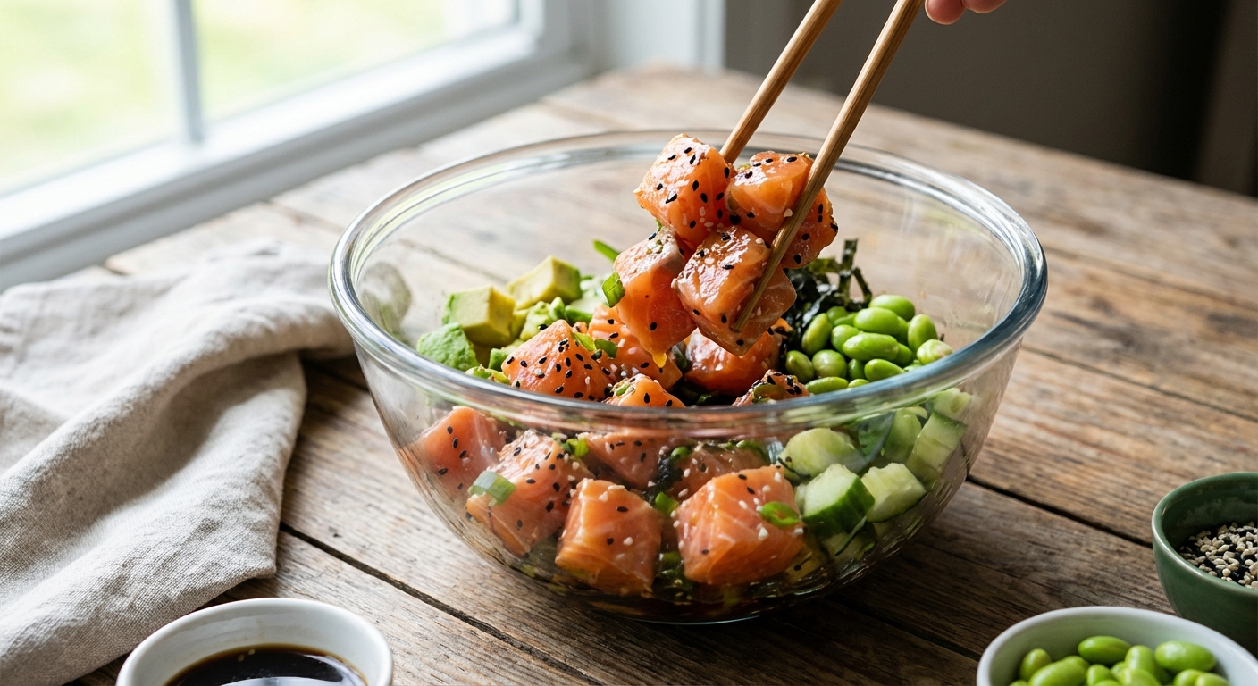 Mixing fresh ahi poke in a bowl — cubed tuna being tossed with shoyu, sesame oil, and seasonings