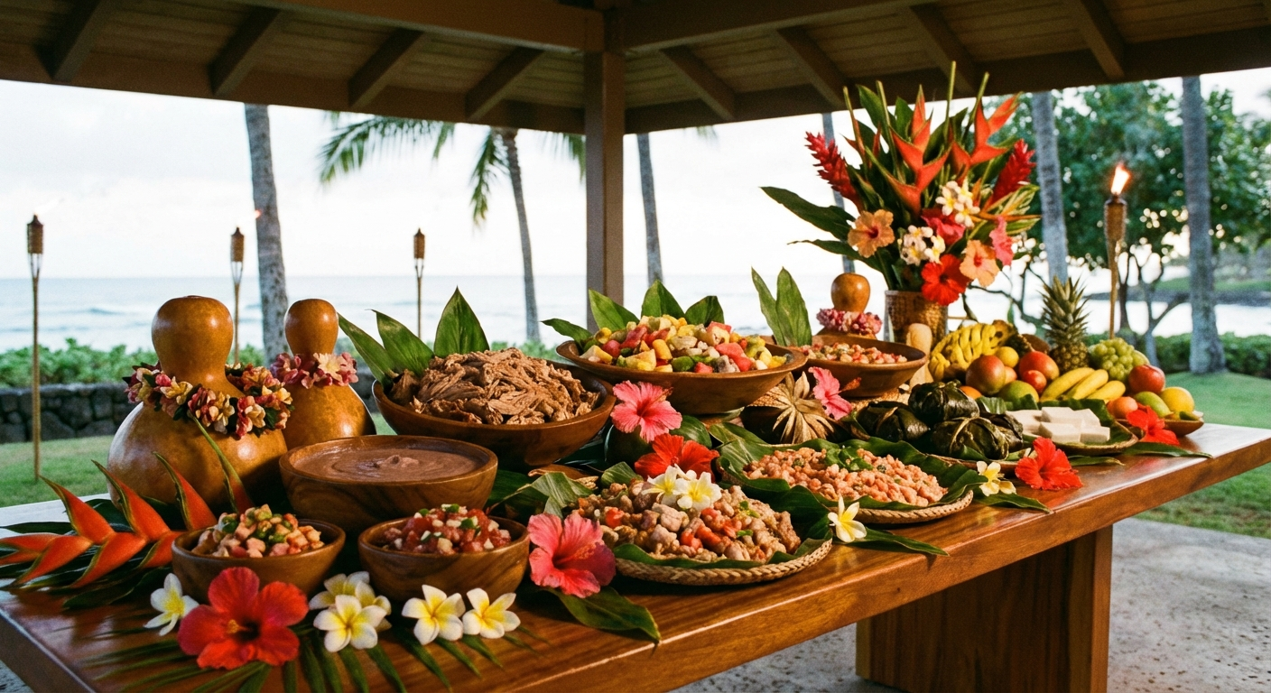 A beautiful Hawaiian luau spread on a long table with traditional dishes, ti leaf decorations, and tropical flowers celebrating community and aloha
