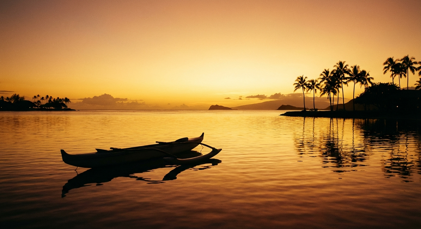 A peaceful Hawaiian sunset over the ocean with a traditional outrigger canoe silhouette, warm golden and orange colors embodying the aloha spirit