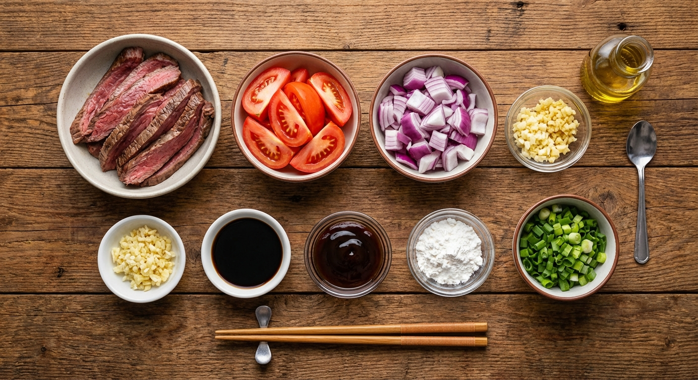 Flat lay of beef tomato stir-fry ingredients including sliced flank steak, fresh tomatoes, onion, garlic, ginger, soy sauce, oyster sauce, and green onions arranged in bowls