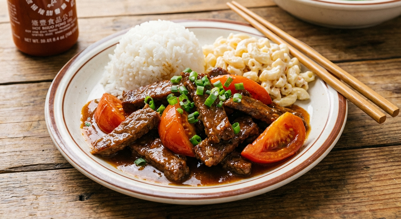 Hawaiian beef tomato served over white rice with tender beef strips, tomato wedges in savory sauce, garnished with green onions in classic plate lunch style