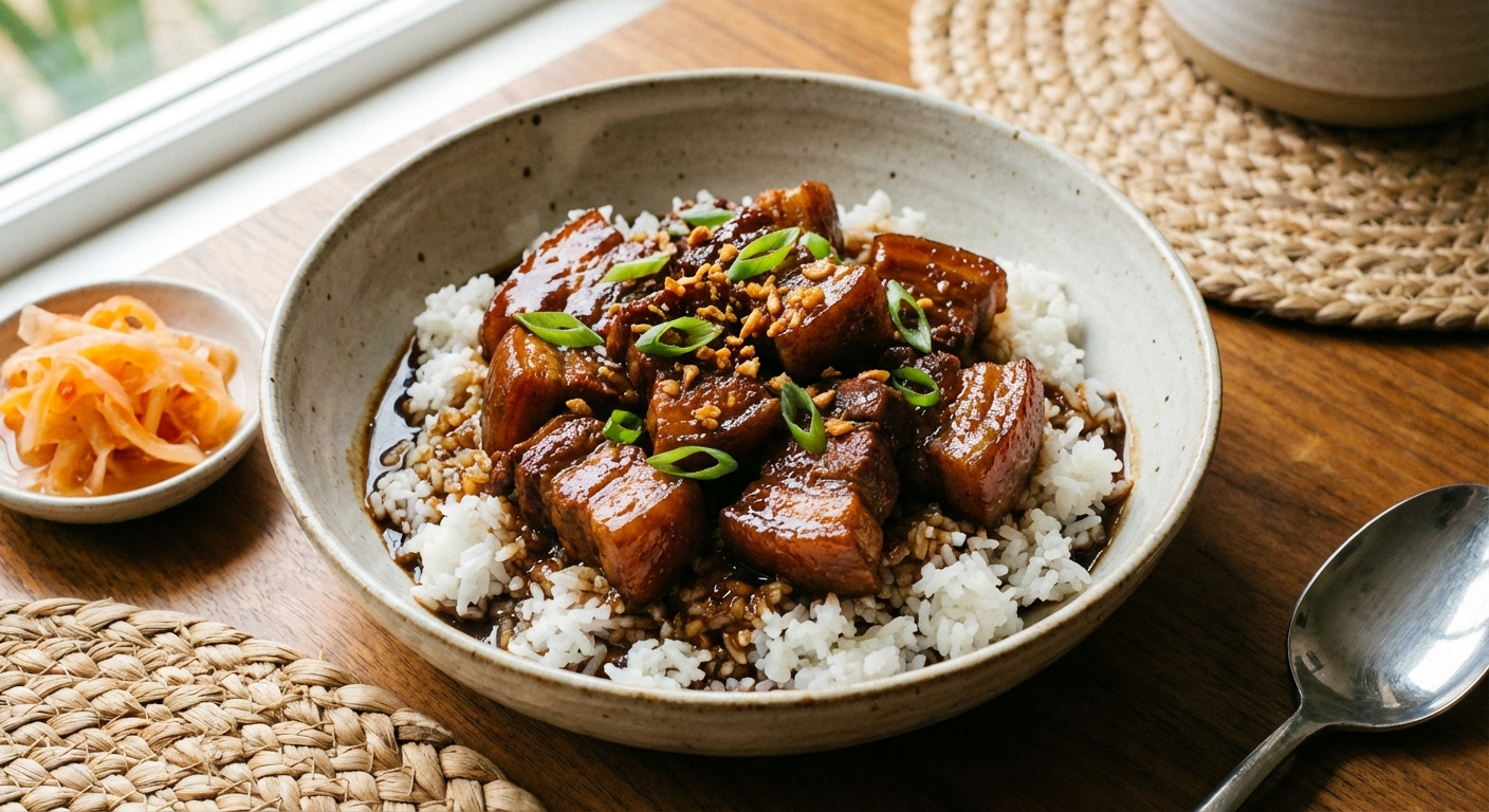 Flat lay of chicken adobo ingredients: bone-in chicken thighs, soy sauce, white vinegar, crushed garlic cloves, bay leaves, black peppercorns, and brown sugar arranged on a rustic wooden cutting board