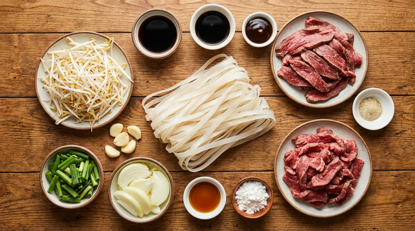 Flat lay of chow fun ingredients including wide rice noodles, sliced flank steak, bean sprouts, green onions, soy sauce, dark soy sauce, and oyster sauce arranged on a rustic wooden surface