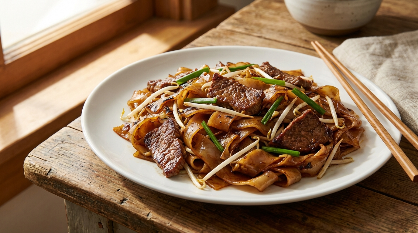 Beautifully plated beef chow fun with wide rice noodles, seared beef slices, crunchy bean sprouts, and green onions showing smoky wok hei char
