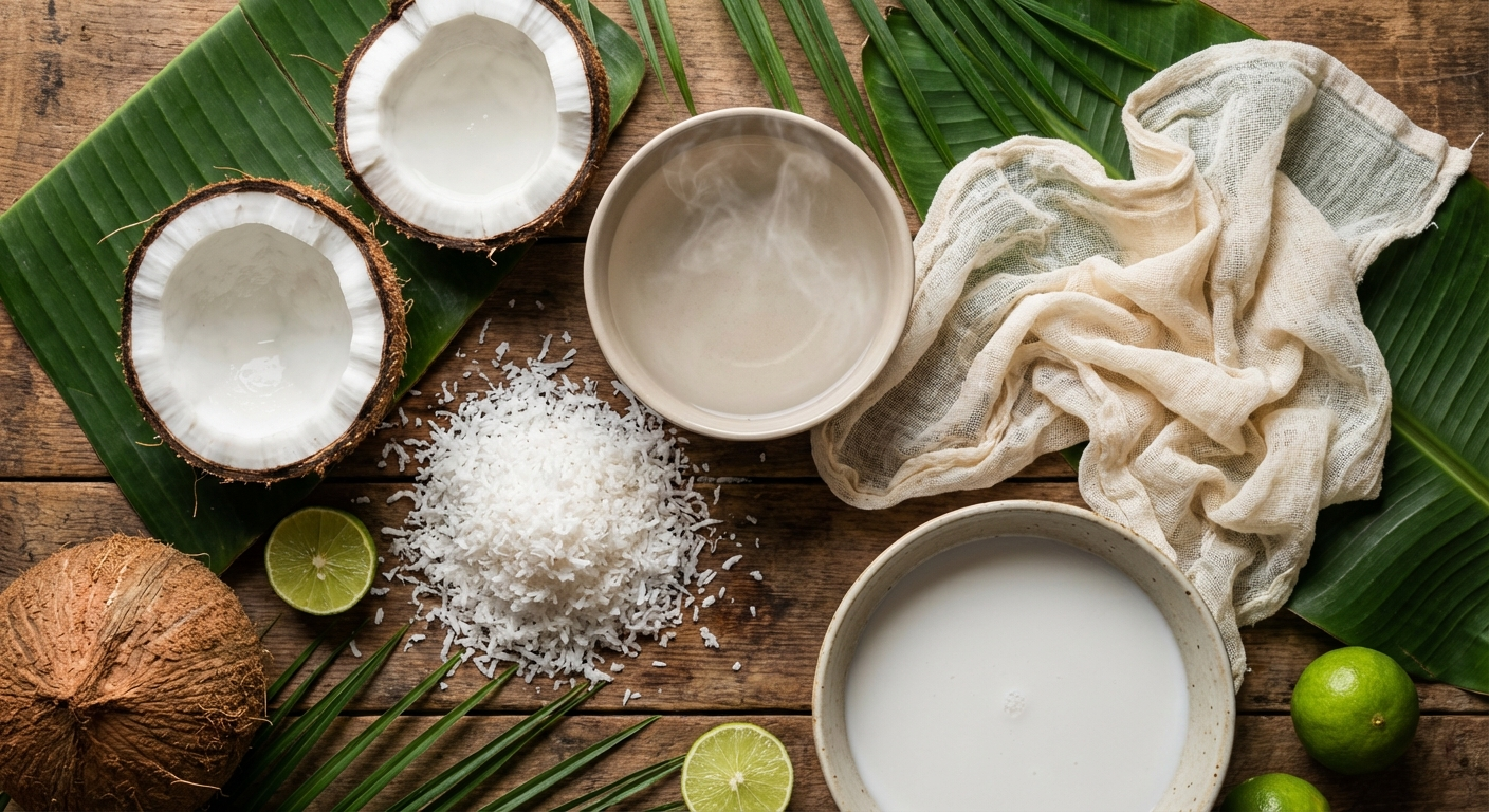 Overhead view of coconut milk making ingredients including fresh coconut halves, shredded coconut, warm water, cheesecloth, and a bowl on a tropical surface