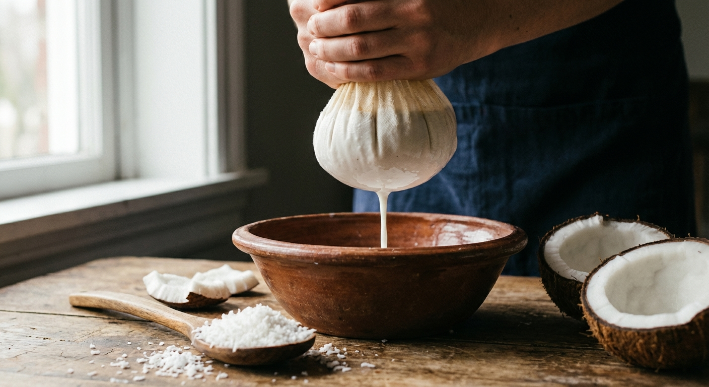 Fresh coconut milk being strained through cheesecloth into a bowl, with thick white liquid flowing through while hands squeeze the cloth