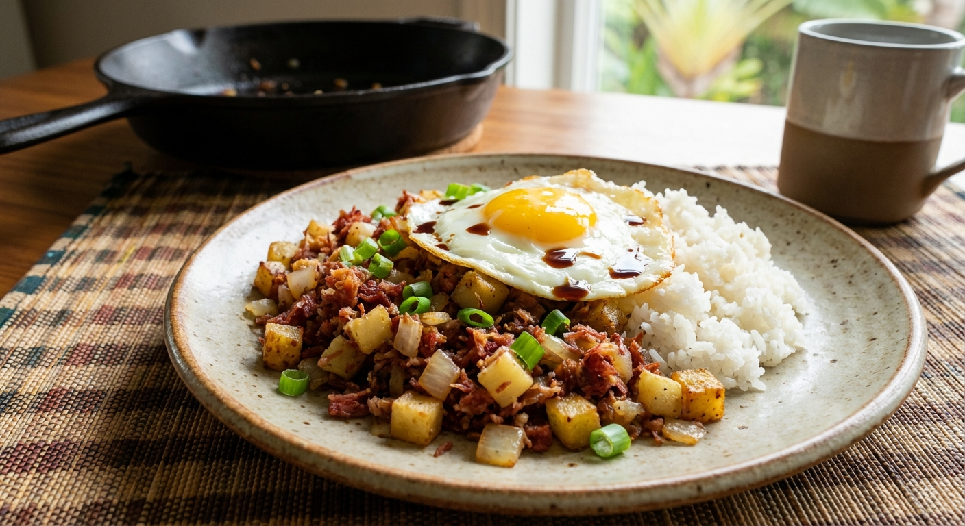 Corned beef hash crisping in a cast iron skillet with caramelized edges, onions, and garlic sizzling over high heat
