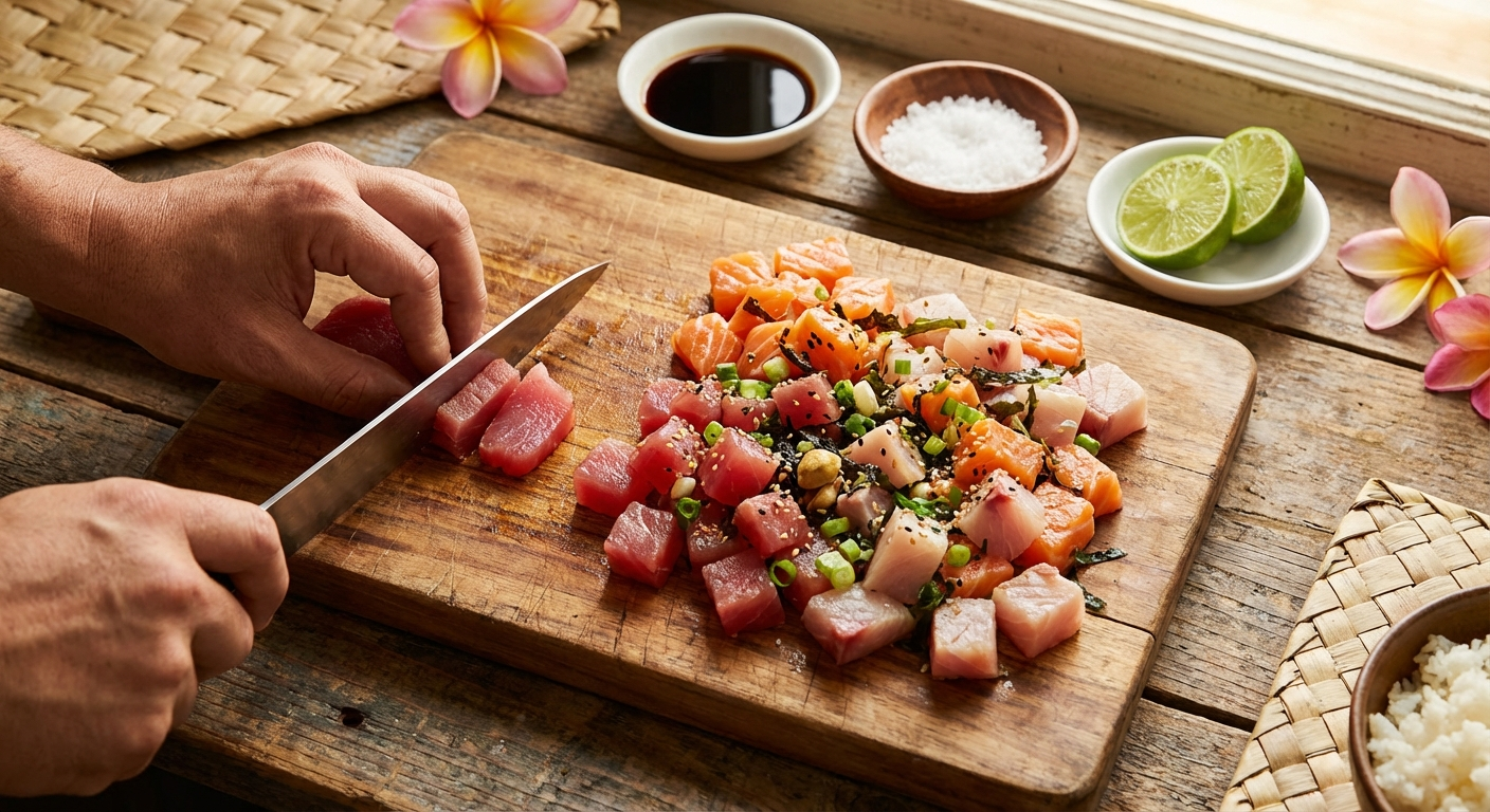 Fresh fish being prepared on a wooden cutting board for poke, showing the cutting board in use for Hawaiian cooking