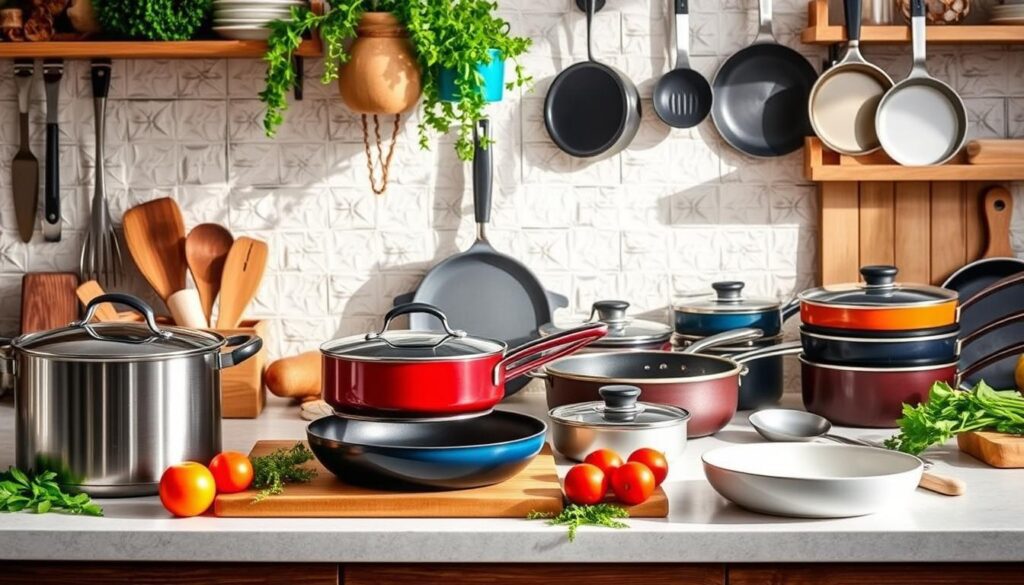 Essential cookware for Hawaiian cooking including cast iron skillets, woks, and rice cookers arranged in a kitchen setting