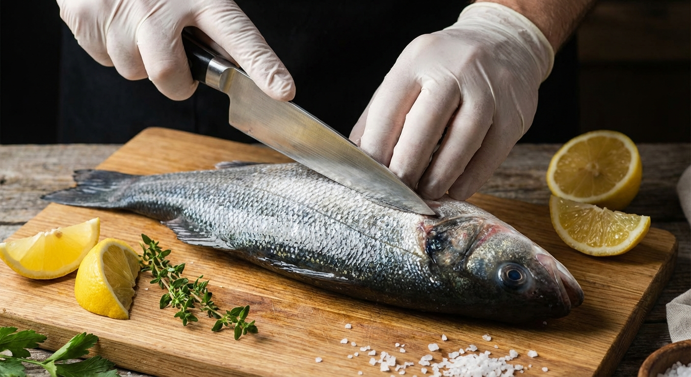 A sharp knife making a clean cut along the backbone of a whole fish during the filleting process, demonstrating proper Hawaiian fish butchery technique