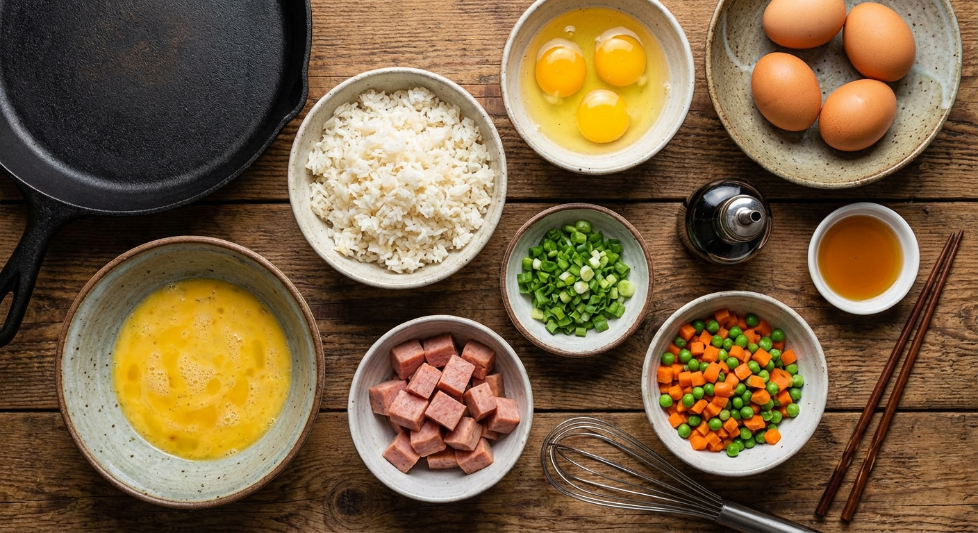Overhead flat lay of fried rice omelette ingredients including leftover rice, eggs, Spam, green onions, soy sauce, sesame oil, and vegetables in prep bowls
