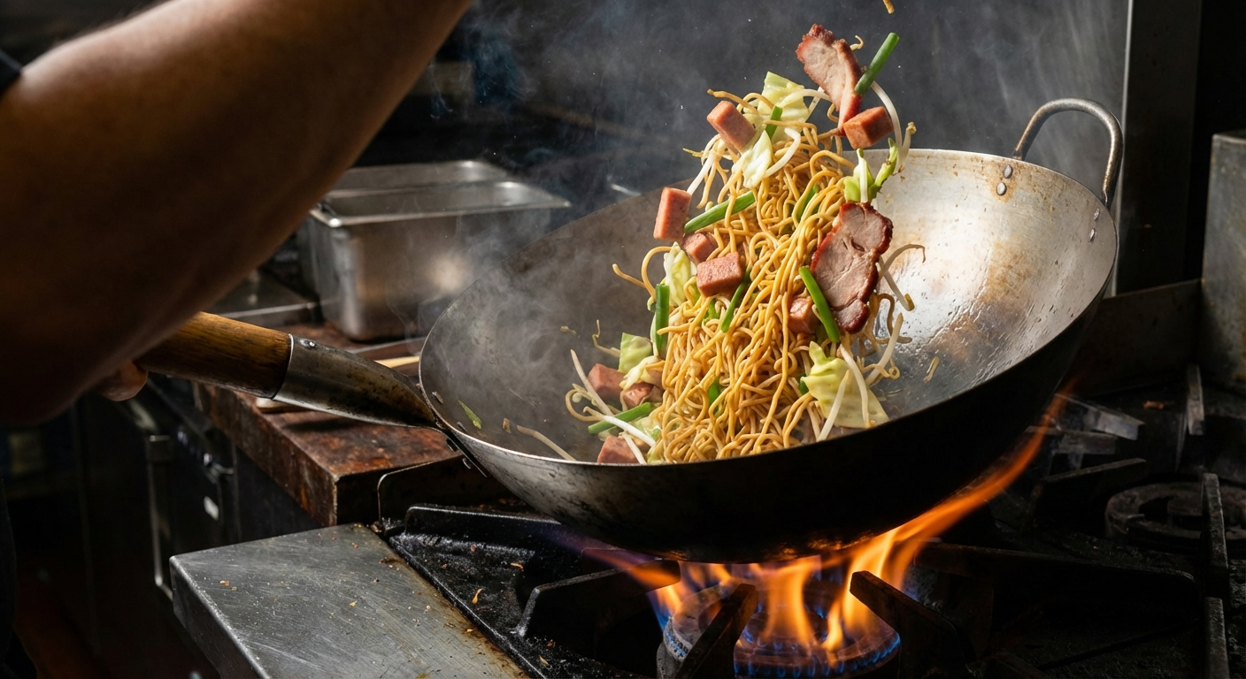 Fried saimin being stir-fried in a hot wok with noodles tossing with vegetables, Spam, and char siu, steam and wok hei visible