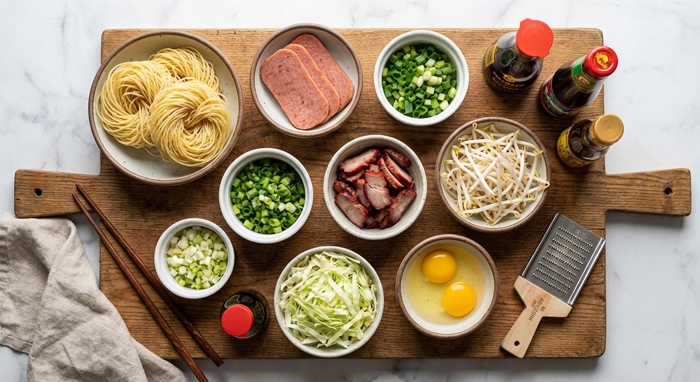 Overhead flat lay of Hawaiian fried saimin ingredients including saimin noodles, Spam slices, char siu, green onions, bean sprouts, cabbage, eggs, soy sauce, oyster sauce, and sesame oil arranged in prep bowls
