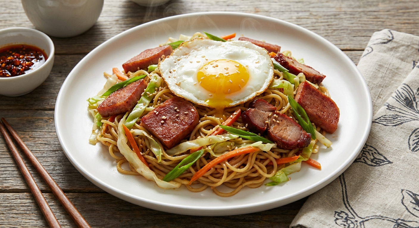 Hawaiian fried saimin plated on a white dish with stir-fried noodles, char siu, Spam, vegetables, topped with a fried egg, garnished with green onions and sesame seeds