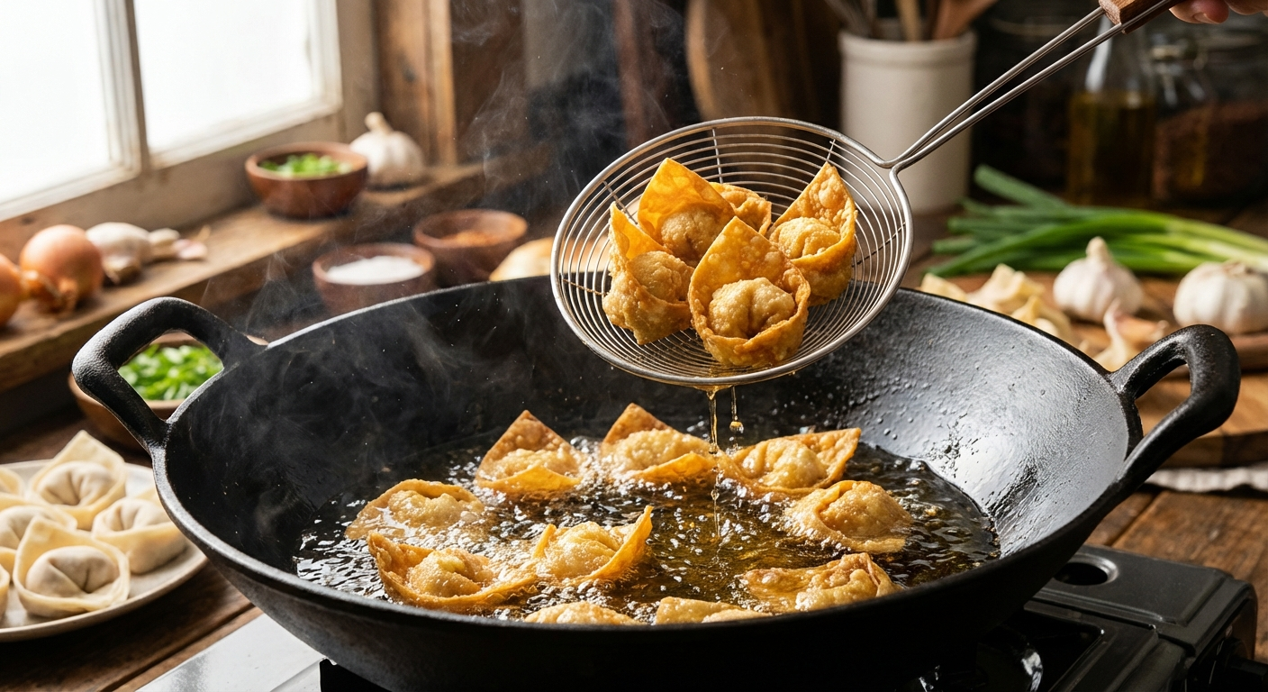 Golden crispy wontons being deep fried in bubbling oil, lifted out with a spider strainer