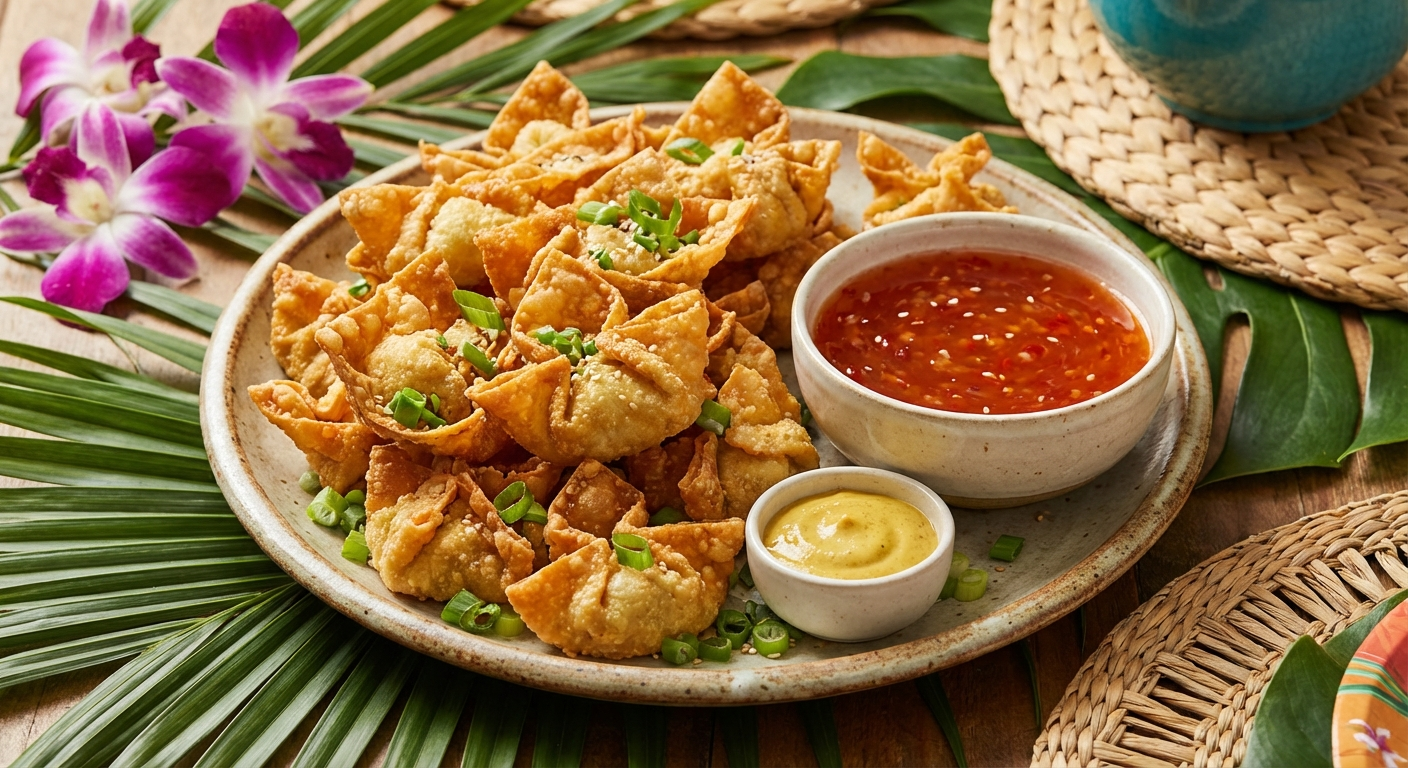 Crispy fried wontons piled on a plate with sweet chili dipping sauce and hot mustard, garnished with green onions in a Hawaiian party pupu presentation