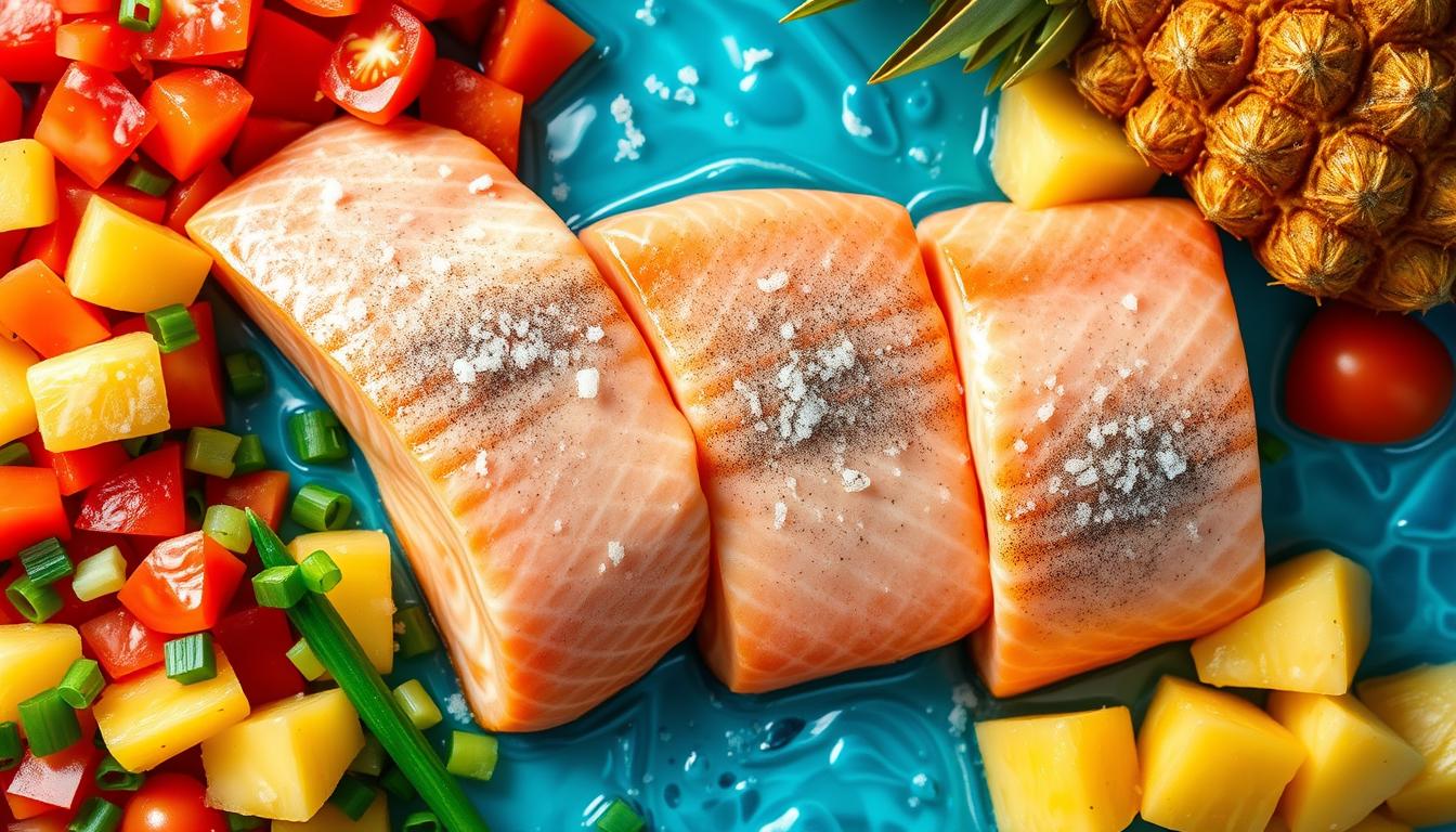 Salmon fillets, furikake seasoning, mayonnaise, soy sauce, and sesame oil arranged on a cutting board — all the ingredients for furikake salmon