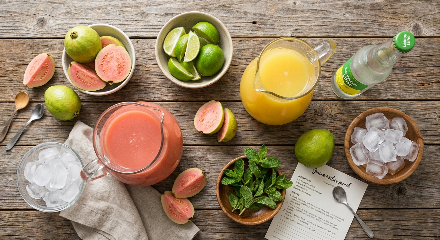 Guava nectar punch ingredients - guava nectar, pineapple juice, soda, fresh guava, lime, and mint arranged in pitchers