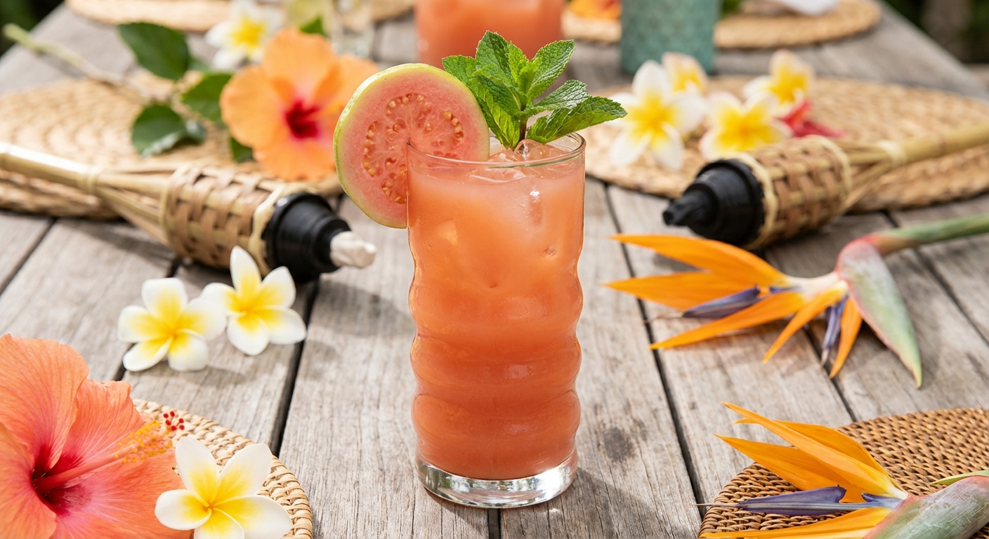 Guava nectar punch in a tall glass with ice, pink tropical color, garnished with guava slice and mint in a Hawaiian luau setting