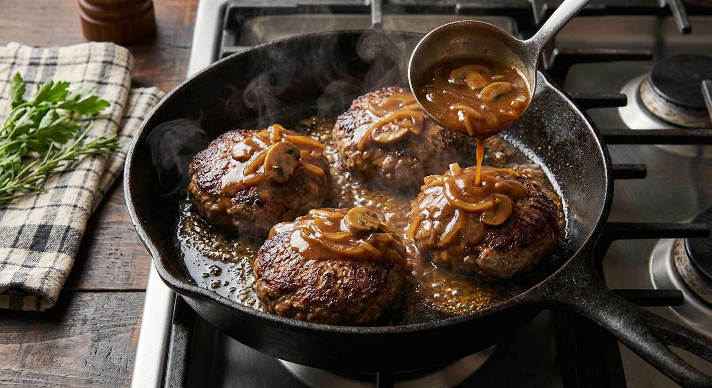 Hamburger steaks being pan-fried in a cast iron skillet with brown gravy, mushrooms, and caramelized onions being poured over the patties