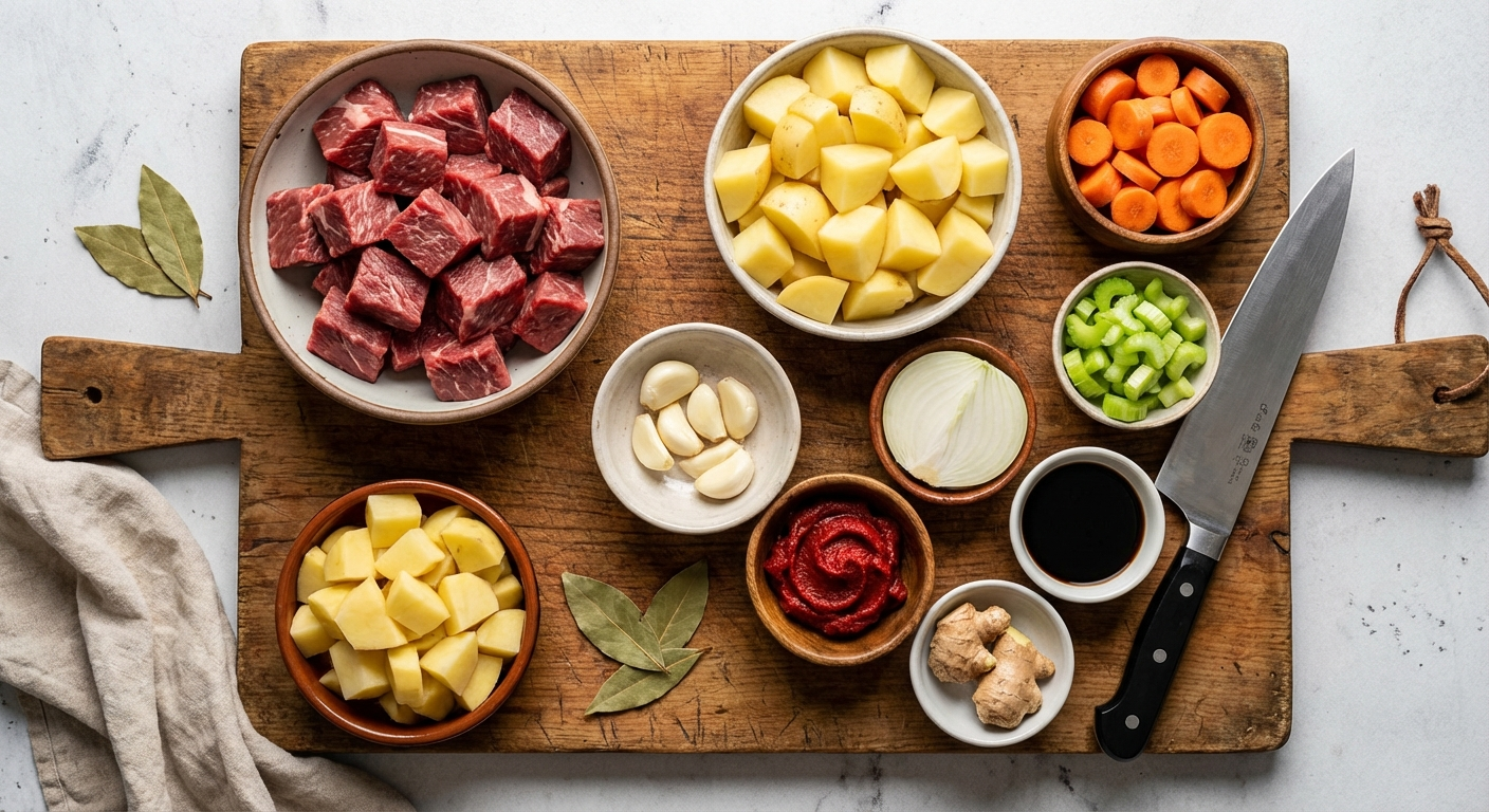 Flat lay of Hawaiian beef stew ingredients including beef chuck cubes, potatoes, carrots, onion, celery, garlic, tomato paste, and soy sauce in prep bowls on a cutting board