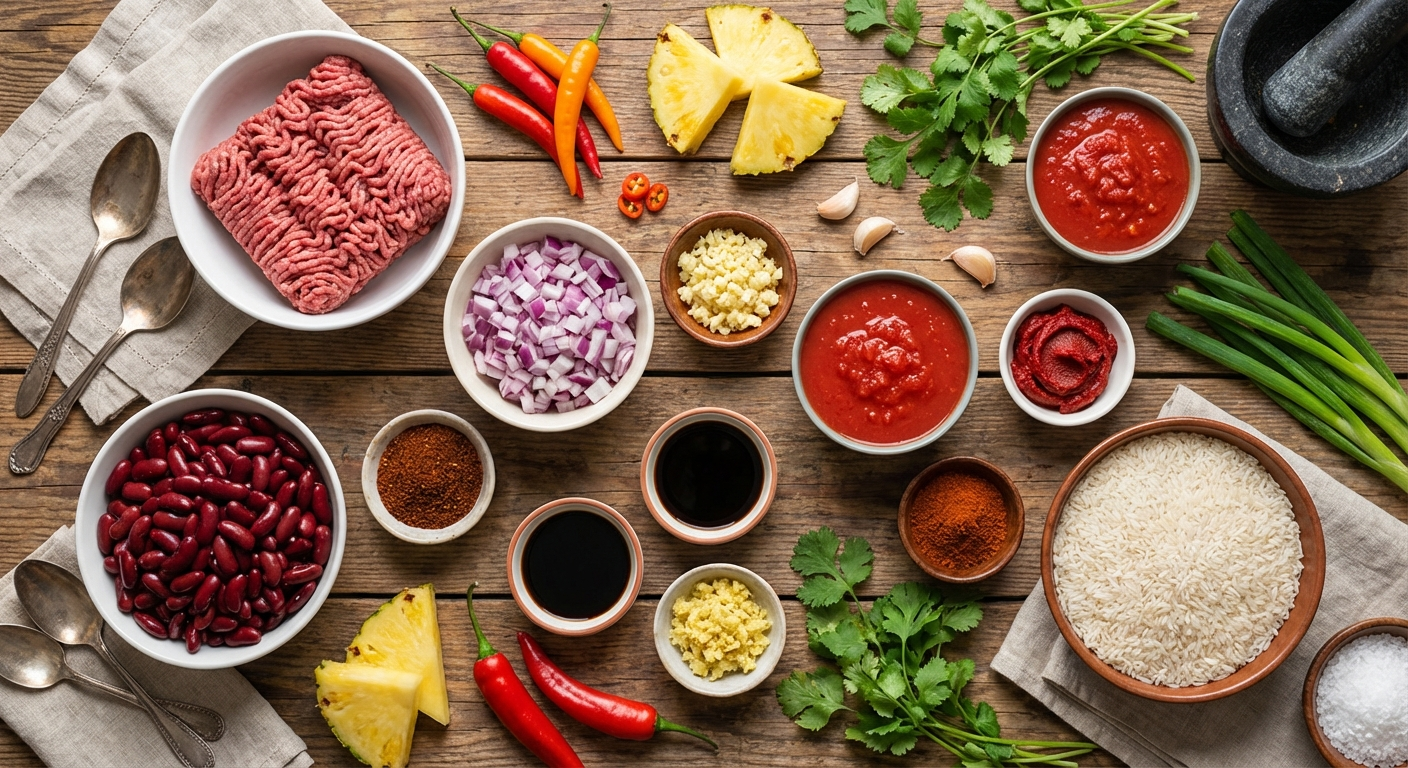 Overhead flat lay of Hawaiian chili ingredients - ground beef, kidney beans, onion, garlic, tomatoes, tomato paste, soy sauce, ginger, chili powder, and white rice in prep bowls