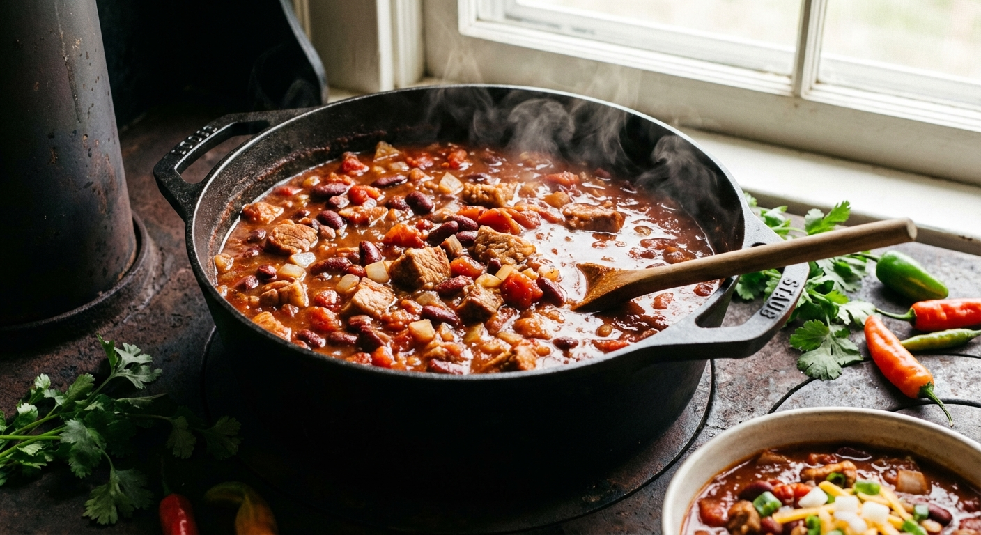 Hawaiian chili simmering in a large pot with visible beans and tomatoes, steam rising from thick meaty chili