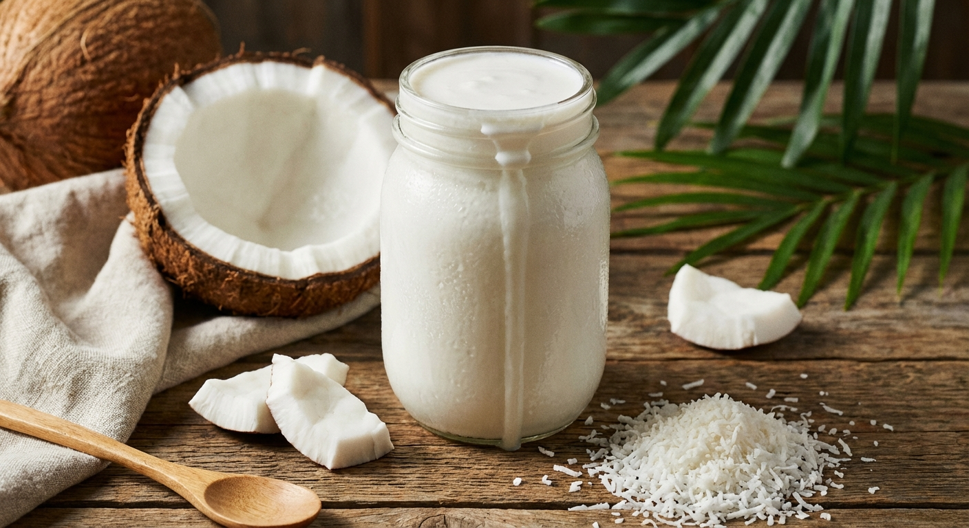 Fresh homemade coconut milk in a glass jar showing thick creamy white liquid, with a cracked coconut and shredded coconut nearby