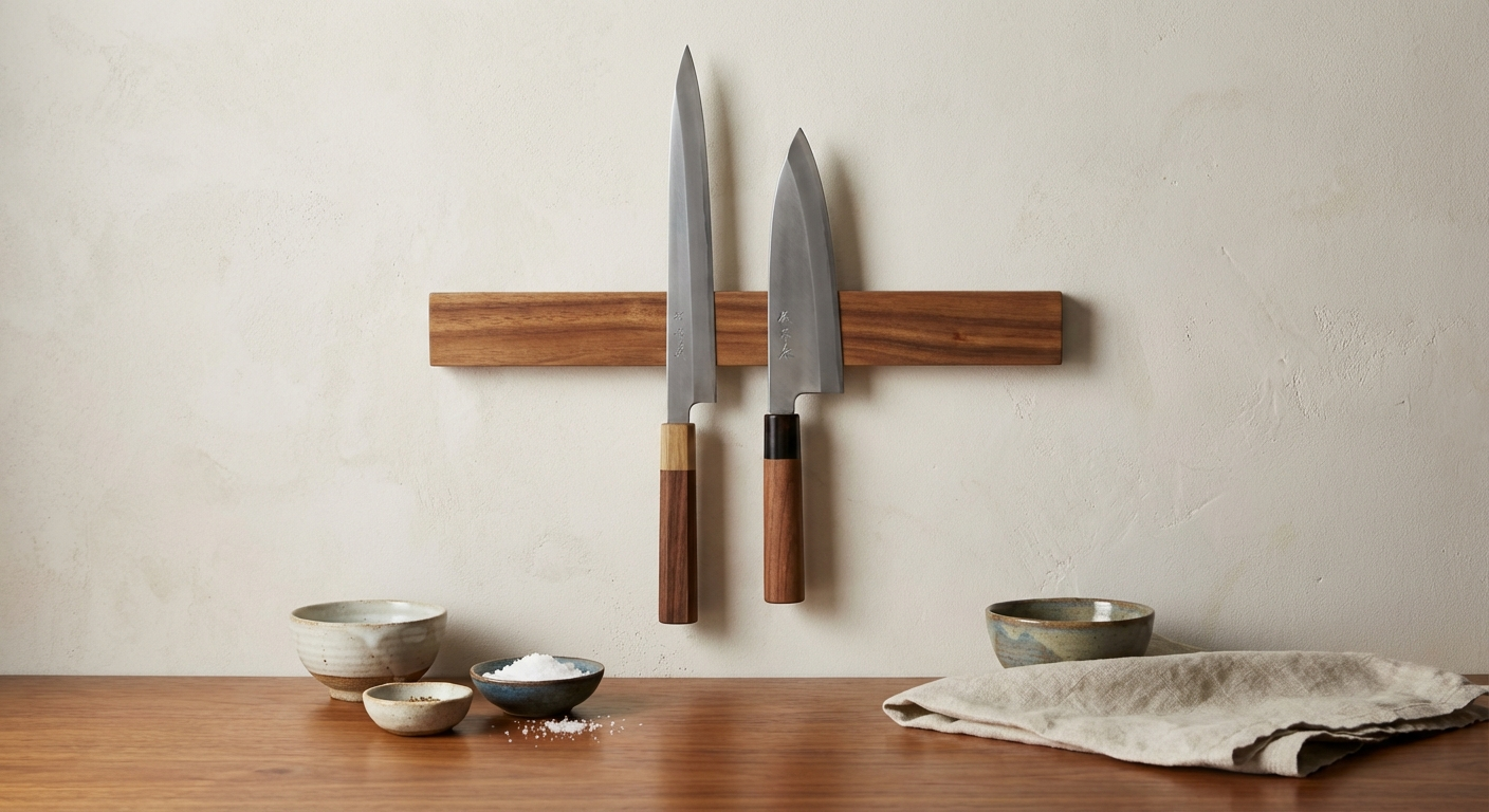 Japanese fish knives including a yanagiba sashimi knife and deba fish butchering knife displayed on a wooden surface