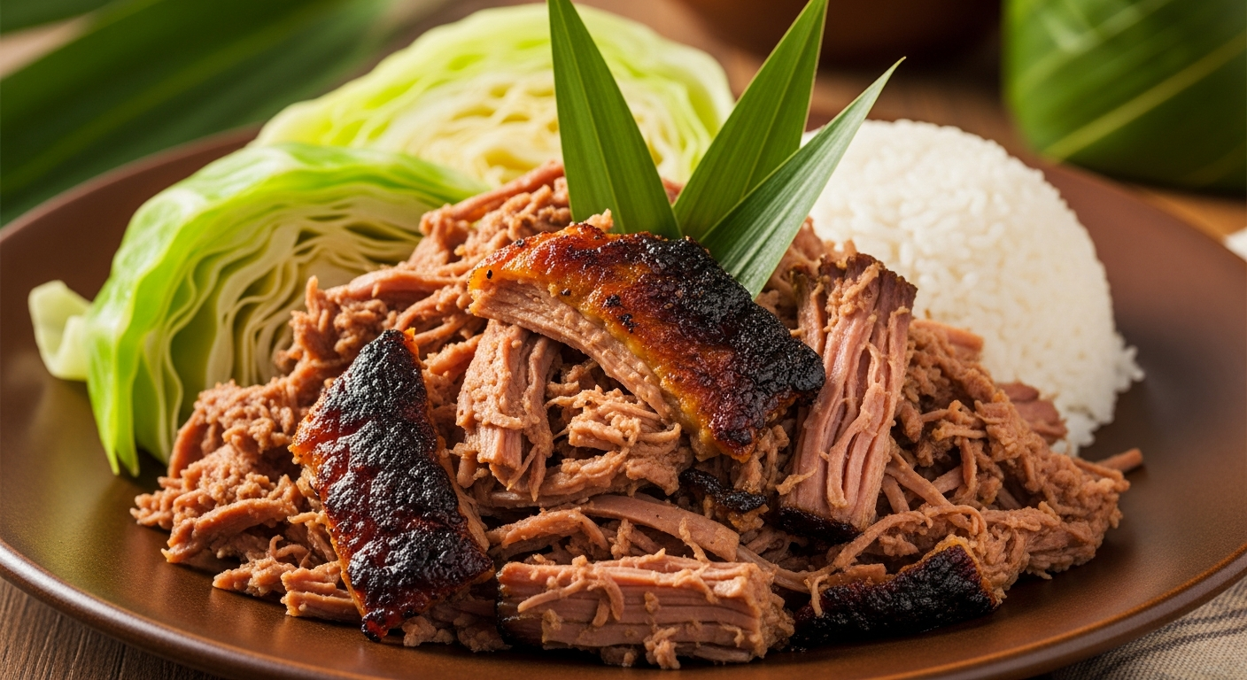 Shredded kalua pig being pulled apart with two forks, showing smoky, tender strands of pork with steam rising