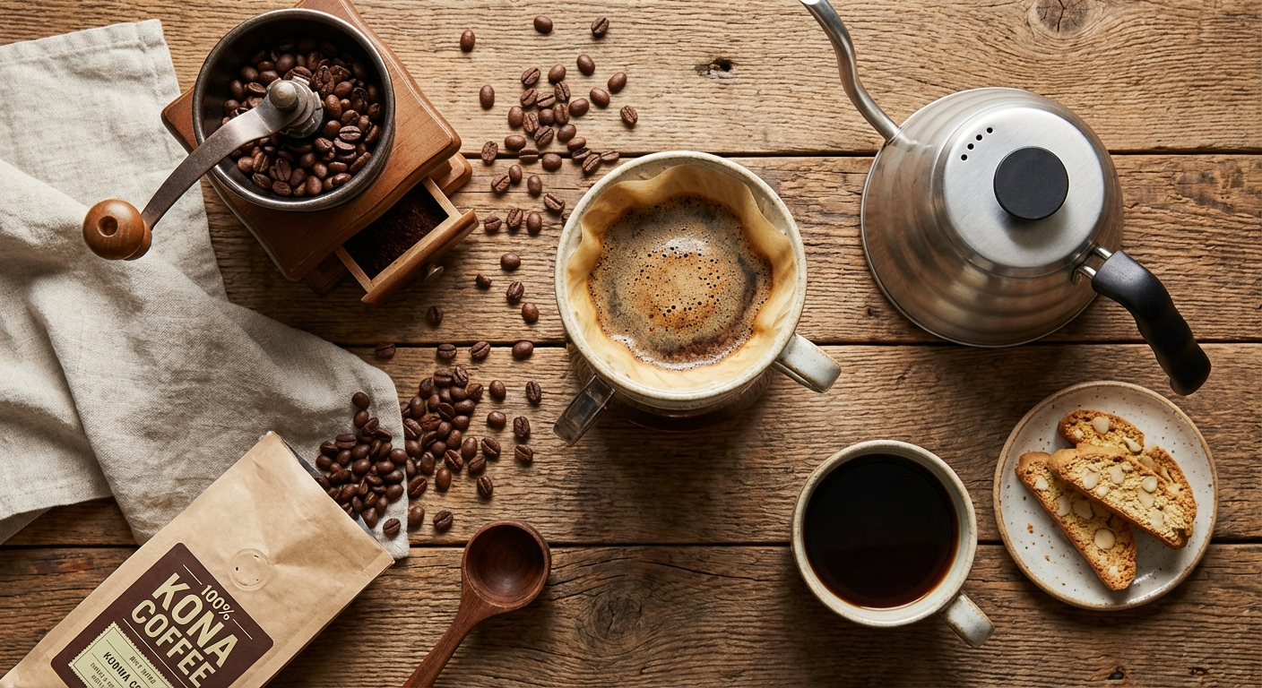 Overhead flat lay of Kona coffee brewing setup with whole coffee beans, burr grinder, pour-over dripper, kettle, ceramic cup, and macadamia nut biscotti on a wooden surface