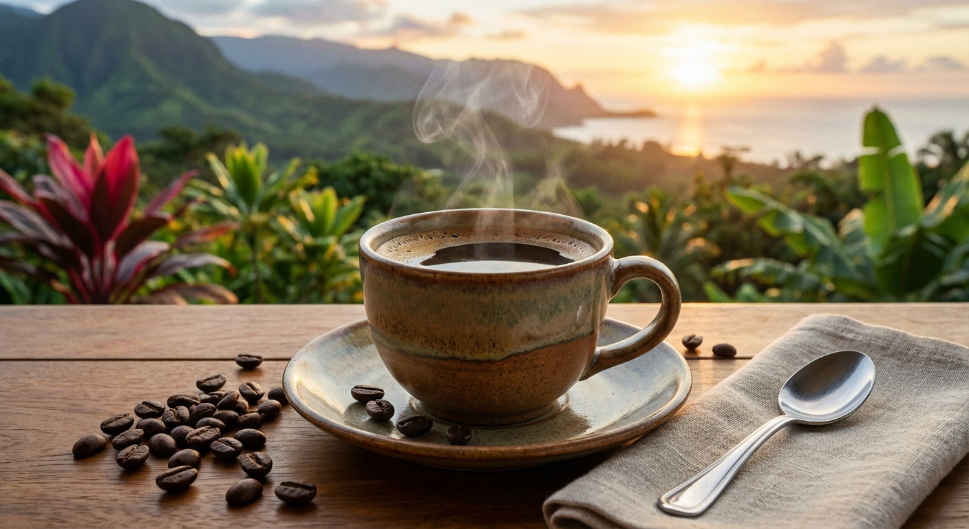 Cup of freshly brewed Kona coffee in a ceramic cup on a saucer with Hawaiian mountains and tropical greenery in the background