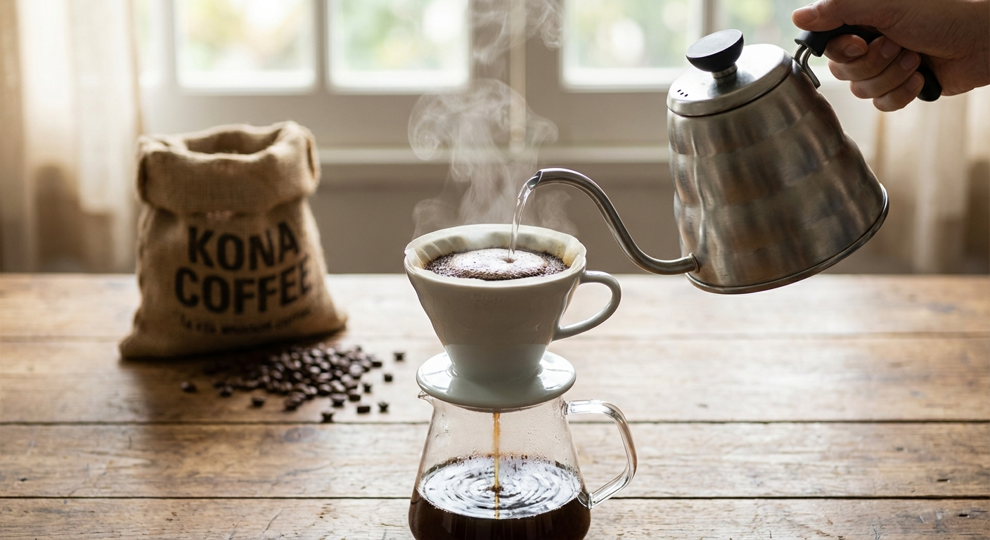Kona coffee being brewed via pour-over method with hot water poured in a circular motion over fresh grounds, steam rising in morning light