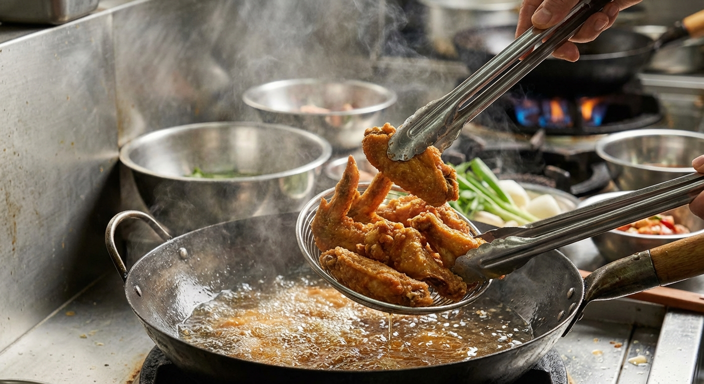 Korean fried chicken wings being deep fried in a wok with golden crispy wings in bubbling oil, tongs lifting a wing, steam rising