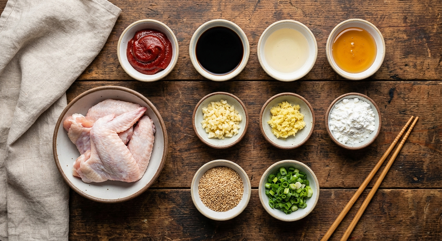 Overhead flat lay of Korean fried chicken wings ingredients including raw chicken wings, gochujang paste, soy sauce, rice vinegar, honey, garlic, ginger, cornstarch, sesame seeds, and green onions arranged in prep bowls