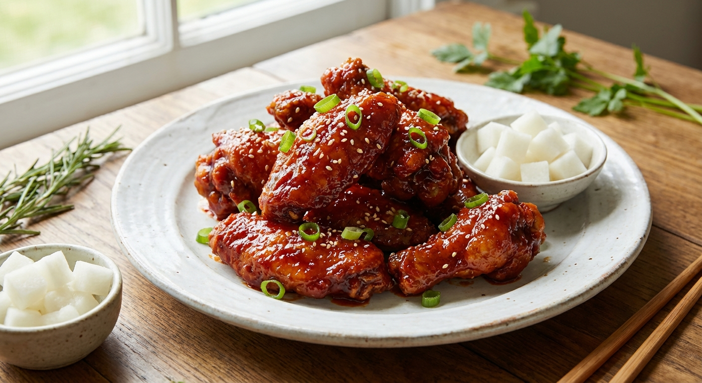 Plated Korean fried chicken wings glazed with sticky gochujang sauce, garnished with sesame seeds and sliced green onions, served on a white plate with pickled daikon