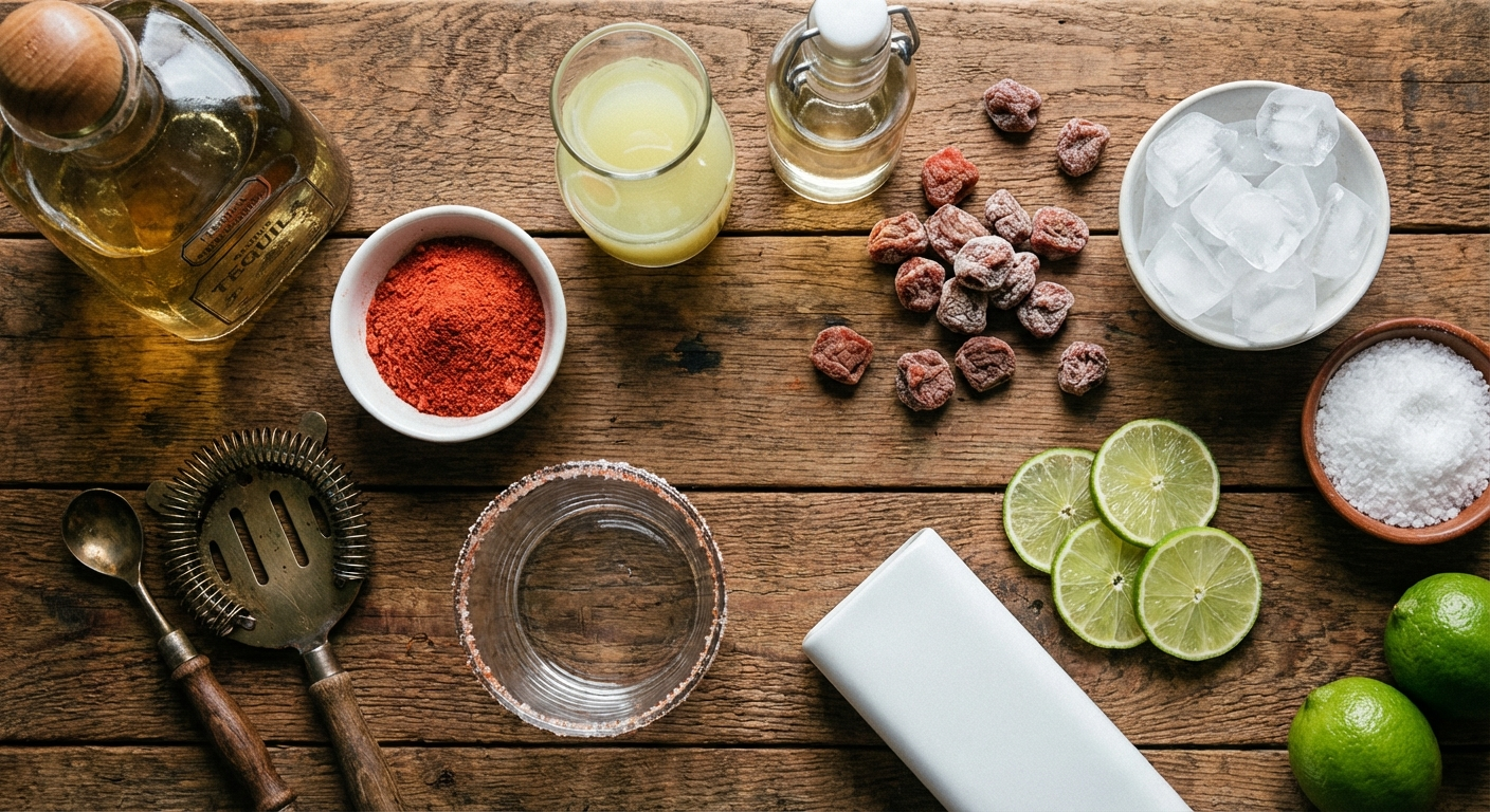 Flat lay of li hing mui margarita ingredients including tequila, li hing mui powder, lime juice, simple syrup, li hing mui candy, ice, salt, and lime wheels on a rustic surface