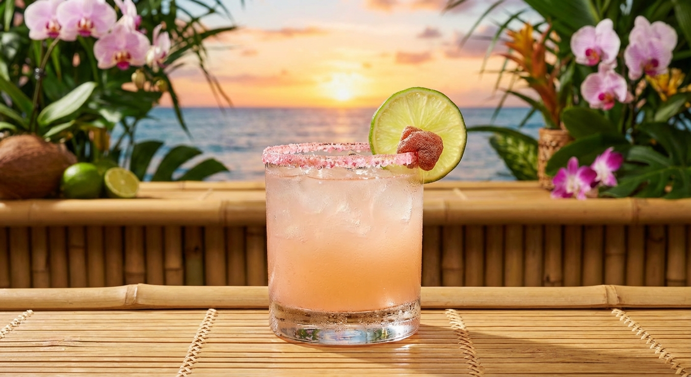 Li hing mui margarita in a rocks glass with pink li hing mui salt rim, garnished with a lime wheel and li hing mui candy in a tropical Hawaiian bar setting