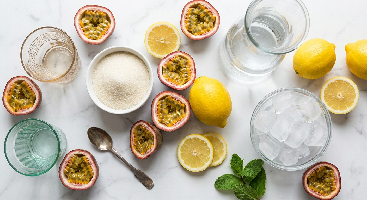 Lilikoi lemonade ingredients - fresh passion fruit halved, lemons, sugar, water, ice, and mint leaves on a bright surface