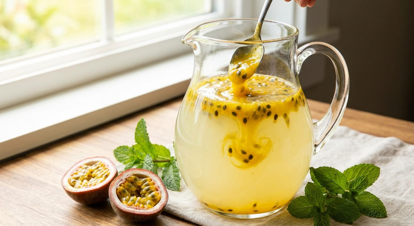 Lilikoi lemonade being assembled with bright yellow passion fruit concentrate being stirred into a pitcher of lemonade