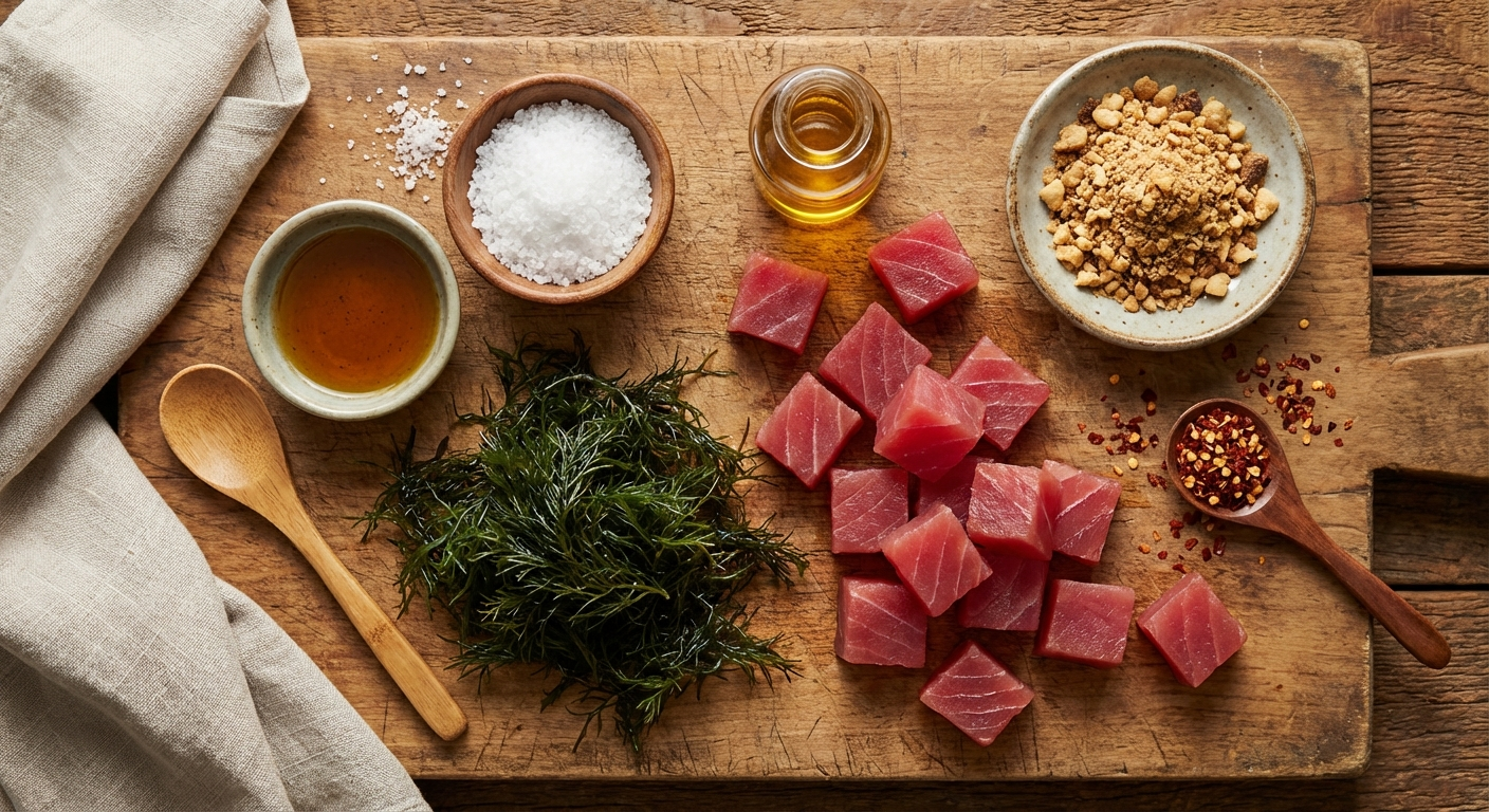 Overhead flat lay of limu poke ingredients including sushi-grade ahi tuna, limu kohu seaweed, Hawaiian salt, inamona kukui nut, sesame oil, and chili pepper flakes on a natural surface