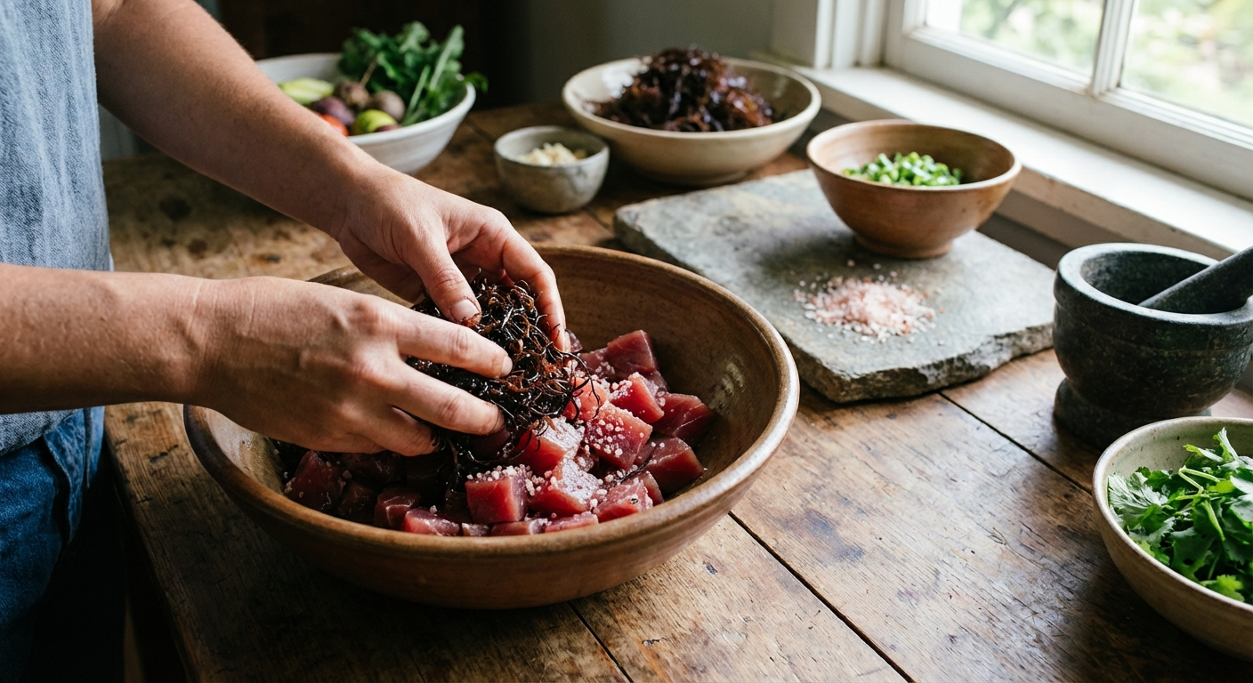 Cubed ahi tuna being mixed with dark red limu seaweed and Hawaiian salt by hand in a traditional preparation