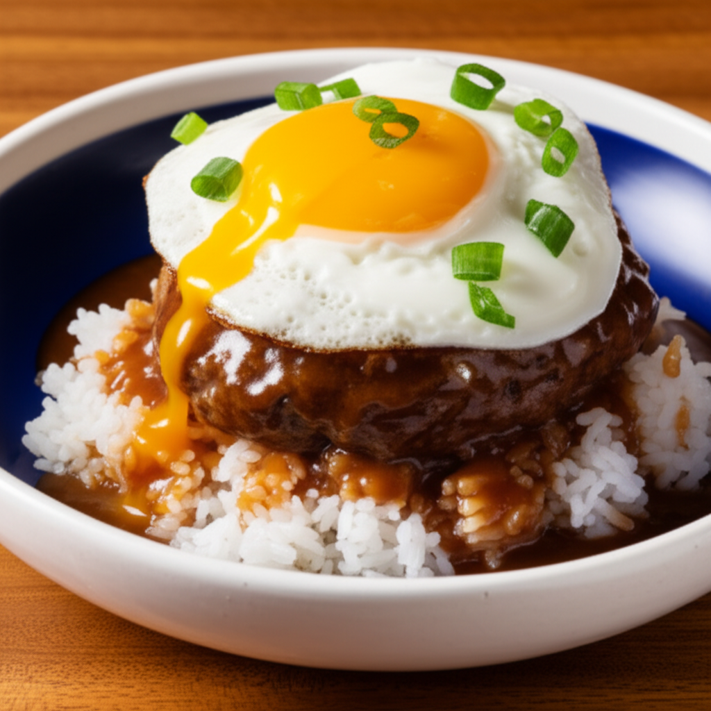 Loco moco ingredients laid out on a kitchen counter - ground beef patties, eggs, white rice, brown gravy ingredients, and onion