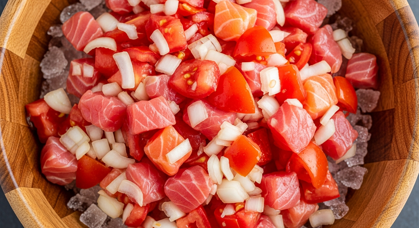 Shredded salmon being mixed with diced tomatoes and onions in a bowl using the traditional lomilomi massage technique