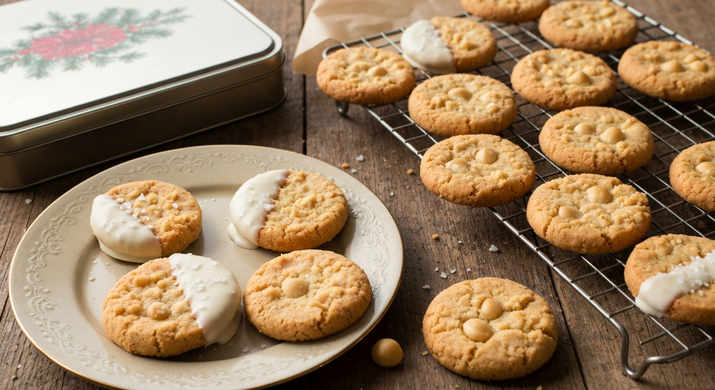 Golden macadamia nut shortbread cookies arranged on a cooling rack and plate, some dipped in white chocolate with flaky sea salt