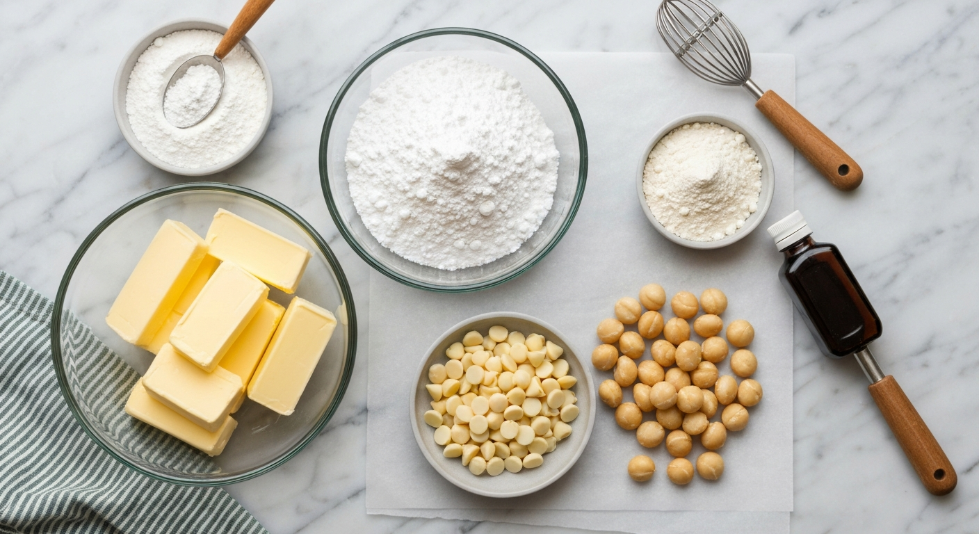 Flat lay of macadamia nut shortbread cookie ingredients including butter, powdered sugar, flour, vanilla extract, roasted macadamia nuts, and white chocolate
