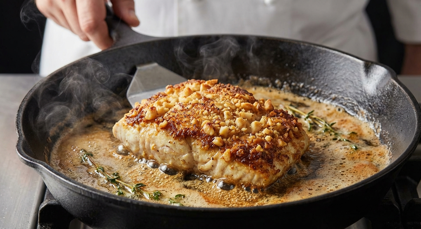 Macadamia nut crusted mahi mahi being pan-seared in a skillet with golden brown crust forming and butter sizzling