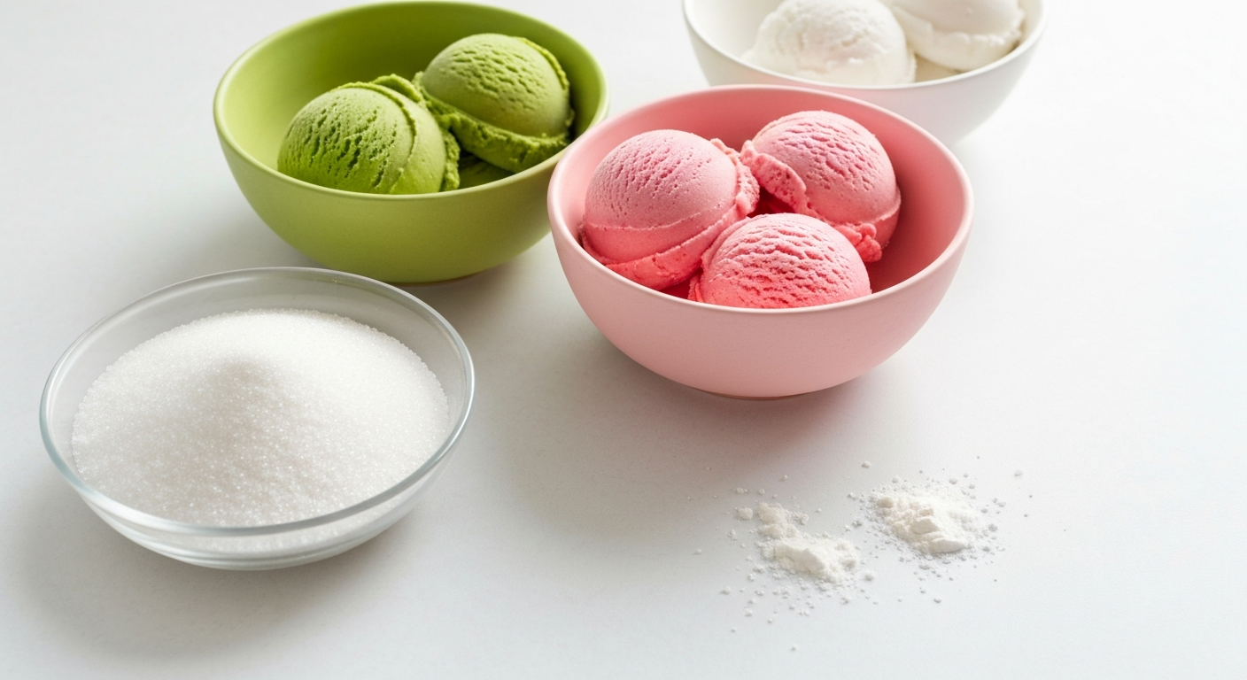 Flat lay of mochi ice cream ingredients including mochiko sweet rice flour, sugar, colorful ice cream scoops in green tea, mango, and coconut flavors, and cornstarch