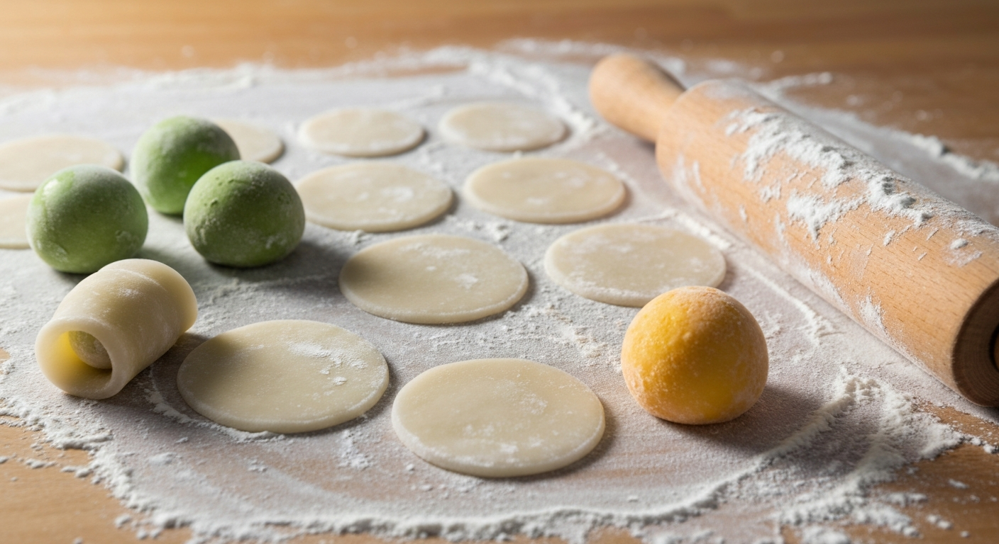 Mochi ice cream assembly process showing translucent mochi dough circles and frozen ice cream balls on a cornstarch-dusted work surface